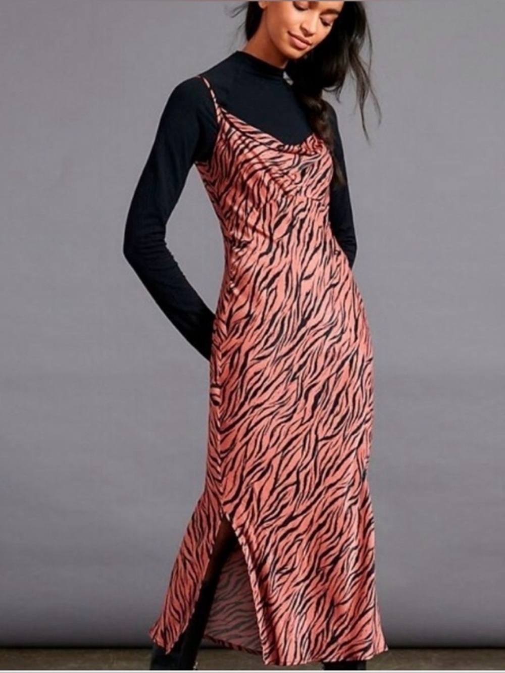 Anthropologie Elyse Zebra Print Cowl Neck Satin Midi Dress Size Large